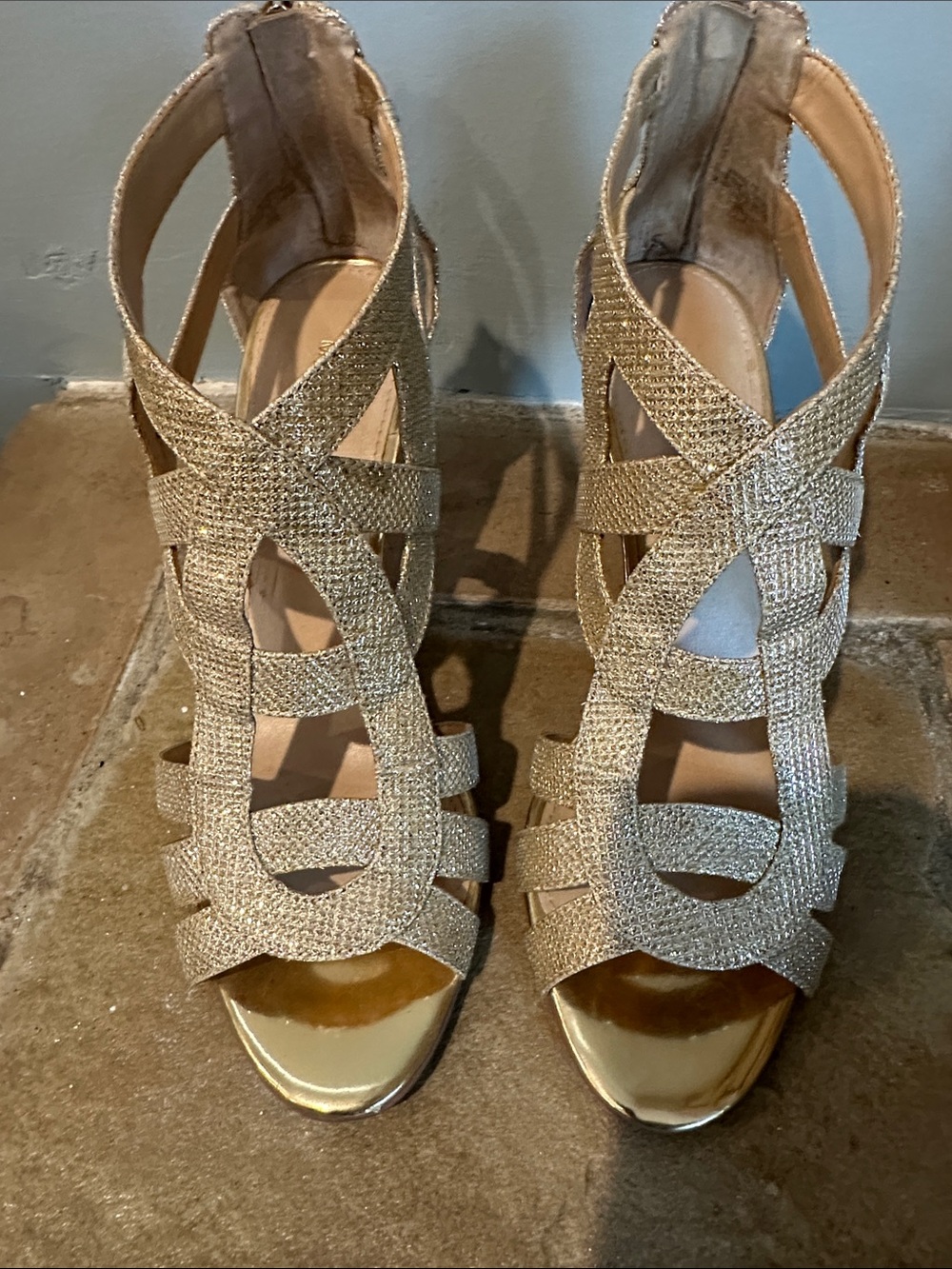 Marc Fisher Gold Sparkle Strappy Heeled Sandals